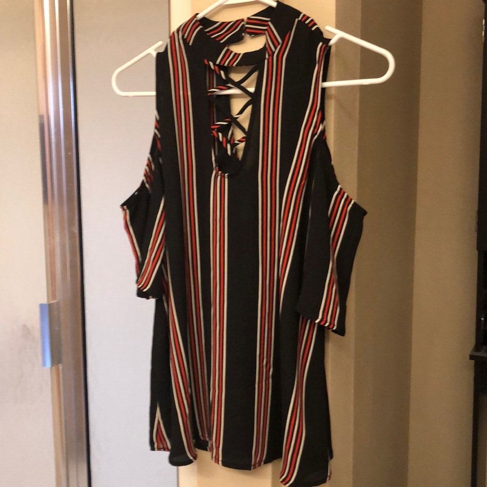 Small fun black, red, white striped top